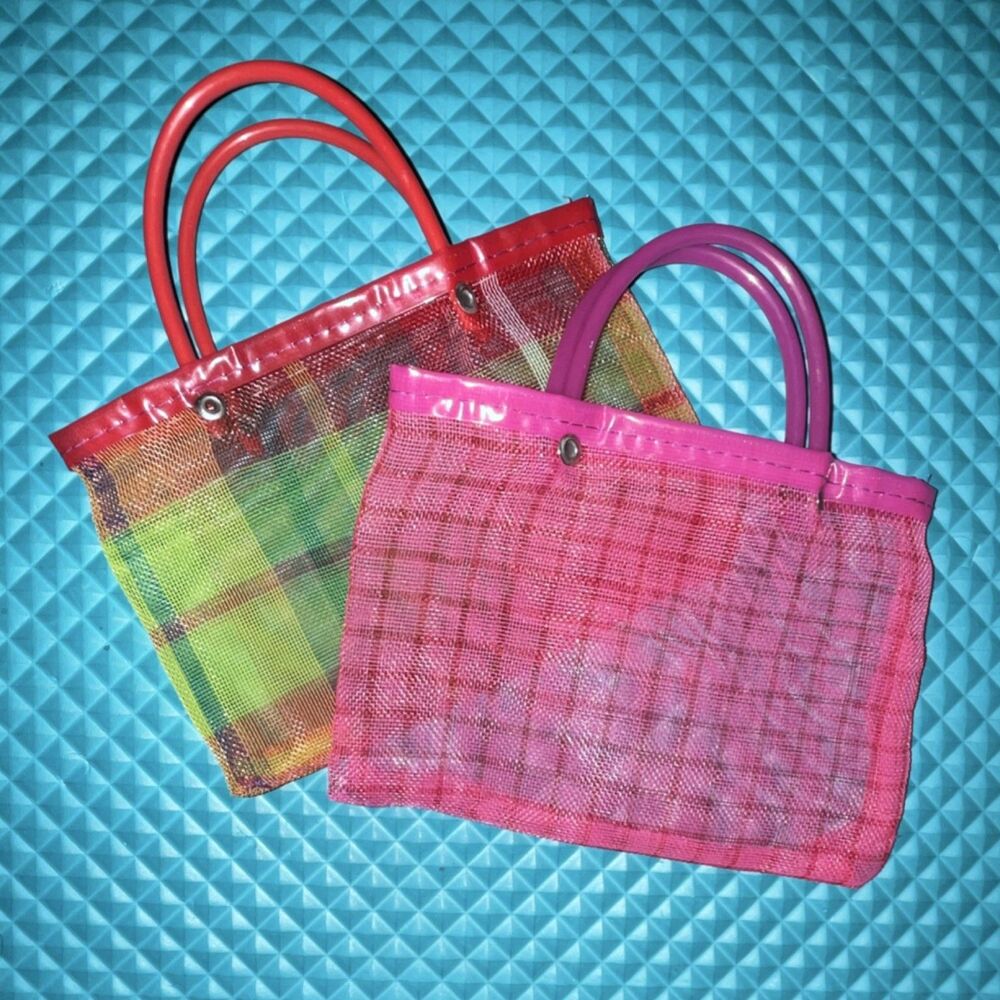 Set of 2 Colorful Plaid Mesh mini Tote Bags Pink & Red with Top Handles